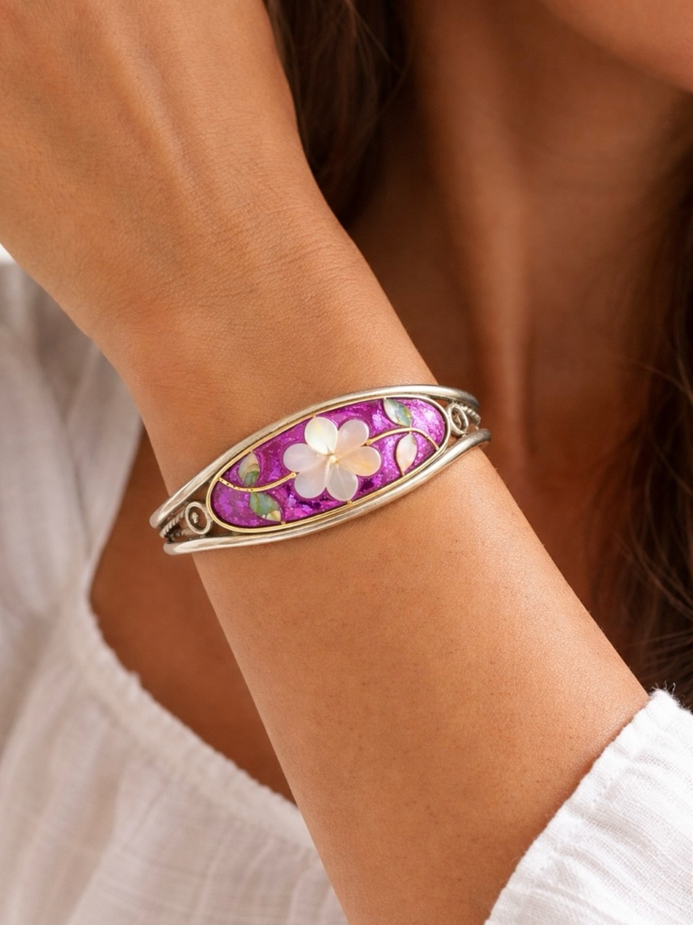 Vintage Mexican Alpaca Silver Cuff MOP Abalone Purple Flower Inlay Taxco